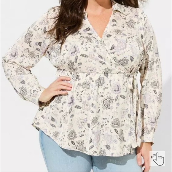 Torrid Stripe Satin Surplice Long Sleeve Fortune Paisley Dew Print Blouse Size 3 - Picture 2 of 11